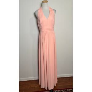 David's Bridal Bridesmaid Dress Size 10 Bellini Orange Halter Flowy V-Neck 19998